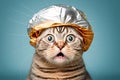 silly frightened cat in a tinfoil hat, created with Generative AI technology