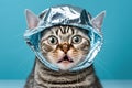 silly frightened cat in a tinfoil hat, created with Generative AI technology