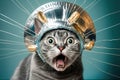 silly frightened cat in a tinfoil hat, created with Generative AI technology