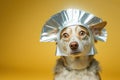 silly frightened dog in a tinfoil hat. created with Generative AI technology