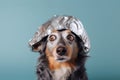 silly frightened dog in a tinfoil hat. created with Generative AI technology