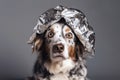 silly frightened dog in a tinfoil hat. created with Generative AI technology