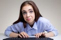 Silly frowning woman using keyboard