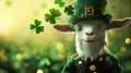 Silly goat in a Leprechaun outfit, coins raining down, clover Royalty Free Stock Photo