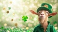 Silly goat in a Leprechaun outfit, coins raining down, clover Royalty Free Stock Photo