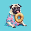 Pug wearing Hawaiian shirt with donut illustration imagery.