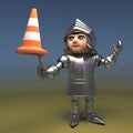 Silly medieval knight in armour jests with a traffic cone on his sword, 3d illustration Royalty Free Stock Photo