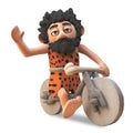 Silly stone age caveman riding on his homemade stone bike, 3d illustration