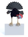Silly toon turkey sitting on blank sign.