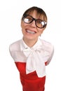 Silly woman with braces. Woman dressed in the red suite. White background