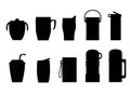 Silhouette set of thermos, mug, drinker, cup with lid, straw, paper cup. Vector isolated illustration.