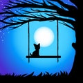 Cool siluet branches of tree with cat on the swing against the night sky in a full moon Royalty Free Stock Photo