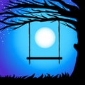 Fun siluet branches of tree with swing against the night sky in a full moon Royalty Free Stock Photo