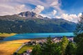 Silvaplana Lake in Switzerland with athletes using the wind to fly over water