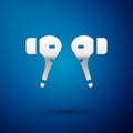 Silver Air headphones icon icon isolated on blue background. Holder wireless in case earphones garniture electronic