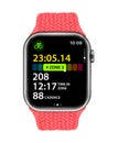 Silver Aluminum Apple Watch Series 9 device with Guava color Braided Solo Loop band, on white background, vector illustration. The
