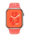 Silver Aluminum Apple Watch Series Nike device with Magic Ember Nike Sport Band, on white background, vector illustration. The