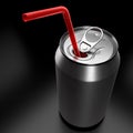 Silver aluminum beer or soda can with red straw isolated on black background Royalty Free Stock Photo