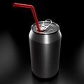 Silver aluminum beer or soda can with red straw isolated on black background Royalty Free Stock Photo