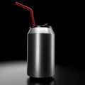 Silver aluminum beer or soda can with red straw isolated on black background Royalty Free Stock Photo