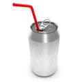 Silver aluminum beer or soda can with red straw isolated on white background Royalty Free Stock Photo