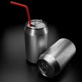 Silver aluminum beer or soda cans with red straw isolated on black background Royalty Free Stock Photo