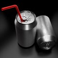 Silver aluminum beer or soda cans with red straw isolated on black background Royalty Free Stock Photo