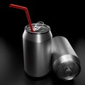 Silver aluminum beer or soda cans with red straw isolated on black background Royalty Free Stock Photo