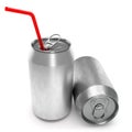Silver aluminum beer or soda cans with red straw isolated on white background Royalty Free Stock Photo
