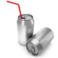 Silver aluminum beer or soda cans with red straw isolated on white background Royalty Free Stock Photo
