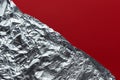 Silver Aluminum Foil On Red Background Texture, Flat Lay