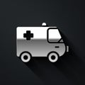 Silver Ambulance and emergency car icon isolated on black background. Ambulance vehicle medical evacuation. Long shadow Royalty Free Stock Photo