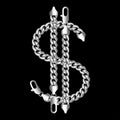 Silver american dollar money sign made of shiny thick golden chain.