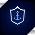 Silver Anchor inside shield icon isolated on dark blue background. Vector Royalty Free Stock Photo