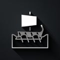 Silver Ancient Greek trireme icon isolated on black background. Long shadow style. Vector