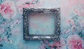 Silver antique frame in the middle, delicate floral watercolor background, space for text Royalty Free Stock Photo