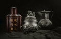 Silver antique incense burner, Chinese antique tea leaf iron storage jar Characters chinese is Name of the tea and Chinese Royalty Free Stock Photo