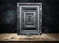 silver Antique picture Frame on dark grunge wall with Wooden tab