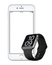 Silver Apple iPhone 6s and Space Gray Apple Watch Sport mockup Royalty Free Stock Photo