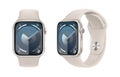 Silver Apple Watch Series 9 device with Starlight Sport Band, on white background, vector illustration. The Apple Watch is a line