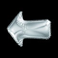 Silver arrow icon made of inflatable balloon isolated on black background.