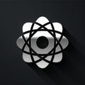Silver Atom icon isolated on black background. Symbol of science, education, nuclear physics, scientific research. Long