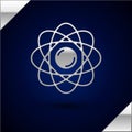 Silver Atom icon isolated on dark blue background. Symbol of science, education, nuclear physics, scientific research