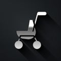 Silver Baby stroller icon isolated on black background. Baby carriage, buggy, pram, stroller, wheel. Long shadow style Royalty Free Stock Photo