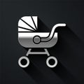 Silver Baby stroller icon isolated on black background. Baby carriage, buggy, pram, stroller, wheel. Long shadow style Royalty Free Stock Photo