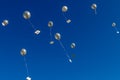 Silver balloons going up in the blue sky