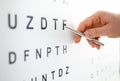 Silver ballpoint pen pointing to letter in eyesight check table Royalty Free Stock Photo