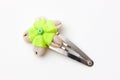 Silver barrette with five clams and green thread Royalty Free Stock Photo