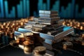 Silver bars on a blue background with financial stock price graph Commodities investment concept, 3d rendering