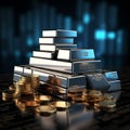 Silver bars on a blue background with financial stock price graph Commodities investment concept, 3d rendering